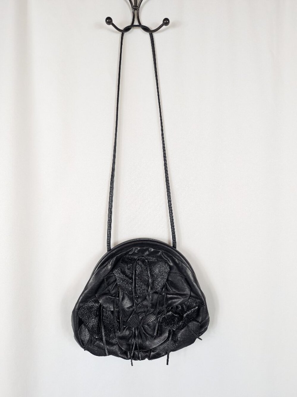 Bags By Pinky Black Leather Fringe Flower Shoulder Purse Vintage 80s 90s USA